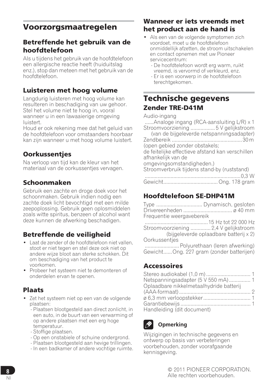 Voorzorgsmaatregelen, Technische gegevens | Pioneer SE-DRF41M User Manual | Page 52 / 136