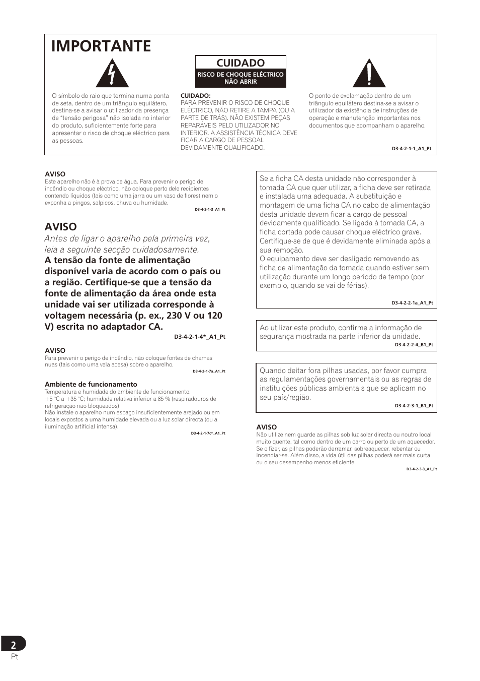 Importante, Cuidado, Aviso | Pioneer SE-DRF41M User Manual | Page 54 / 136