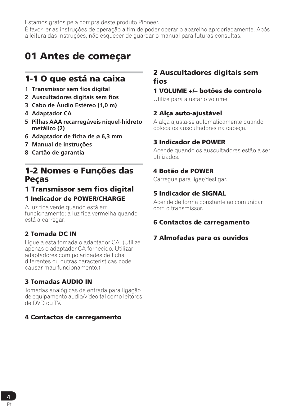 01 antes de começar, 1 o que está na caixa, 2 nomes e funções das peças | Pioneer SE-DRF41M User Manual | Page 56 / 136