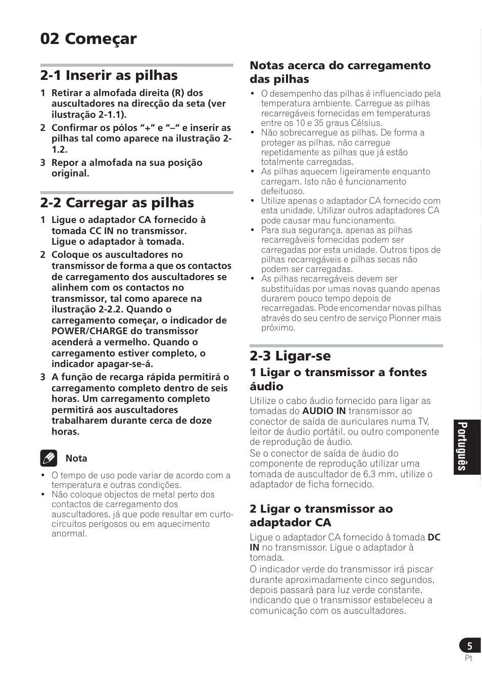 02 começar, 1 inserir as pilhas, 2 carregar as pilhas | 3 ligar-se | Pioneer SE-DRF41M User Manual | Page 57 / 136