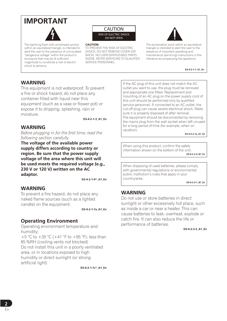 Important, Caution, Warning | Operating environment | Pioneer SE-DRF41M User Manual | Page 6 / 136