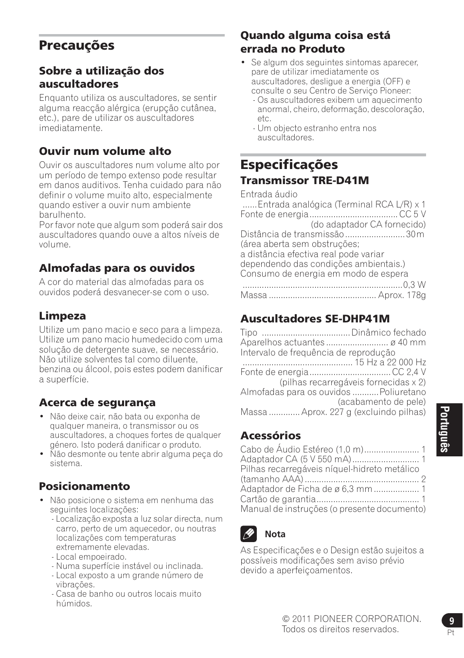 Precauções, Especificações | Pioneer SE-DRF41M User Manual | Page 61 / 136
