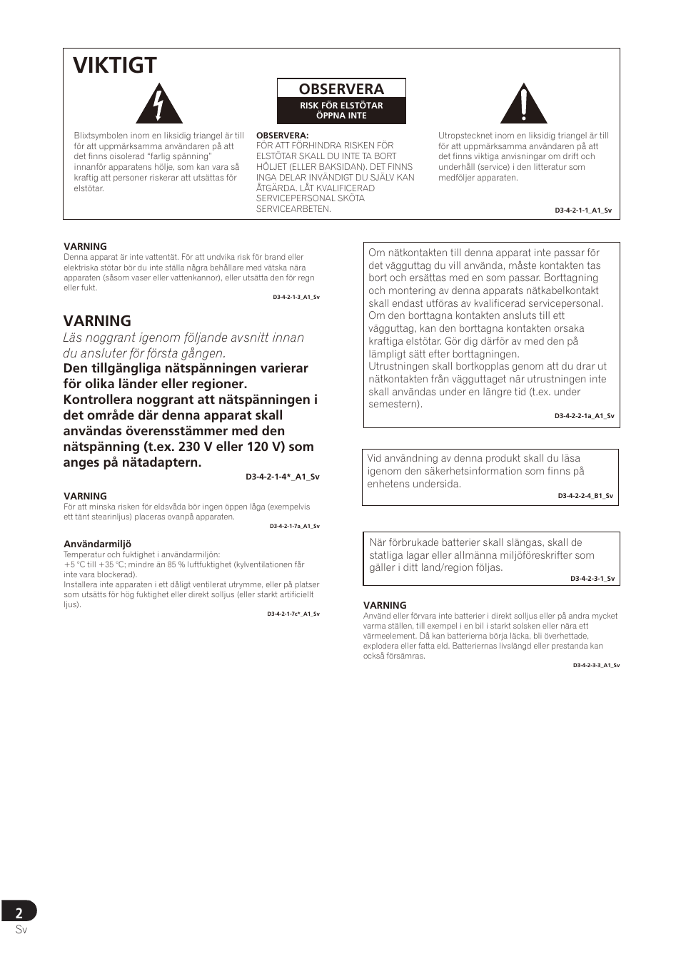 Viktigt, Observera, Varning | Pioneer SE-DRF41M User Manual | Page 62 / 136