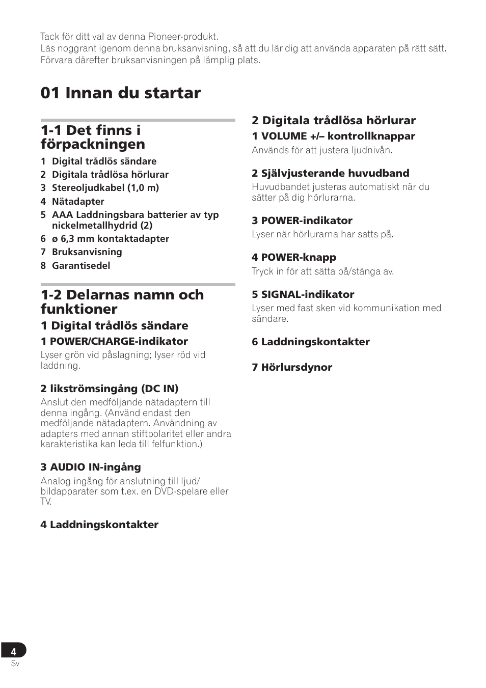 01 innan du startar, 1 det finns i förpackningen, 2 delarnas namn och funktioner | Pioneer SE-DRF41M User Manual | Page 64 / 136
