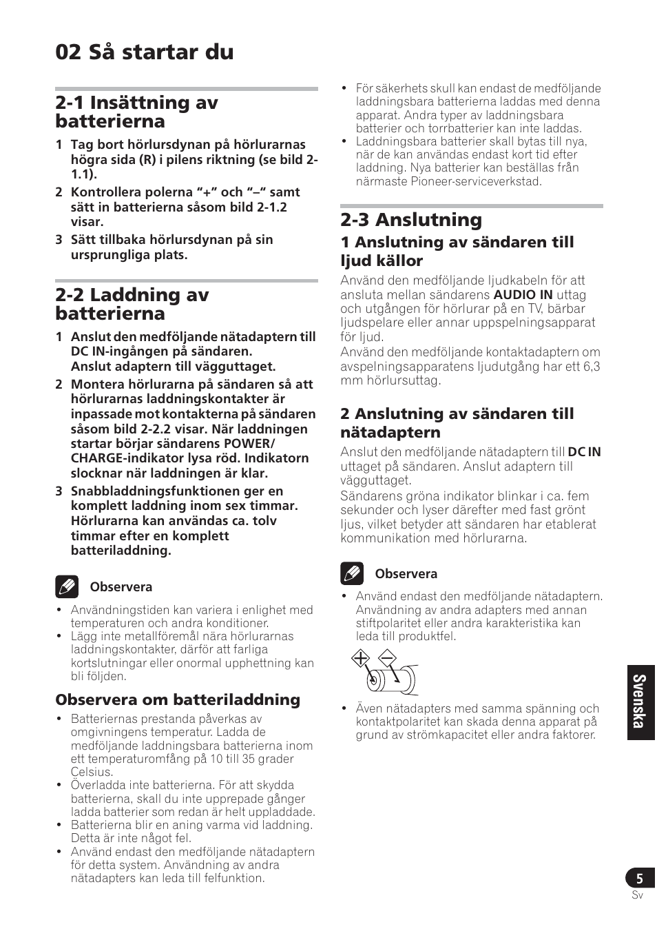 02 så startar du, 1 insättning av batterierna, 2 laddning av batterierna | 3 anslutning | Pioneer SE-DRF41M User Manual | Page 65 / 136