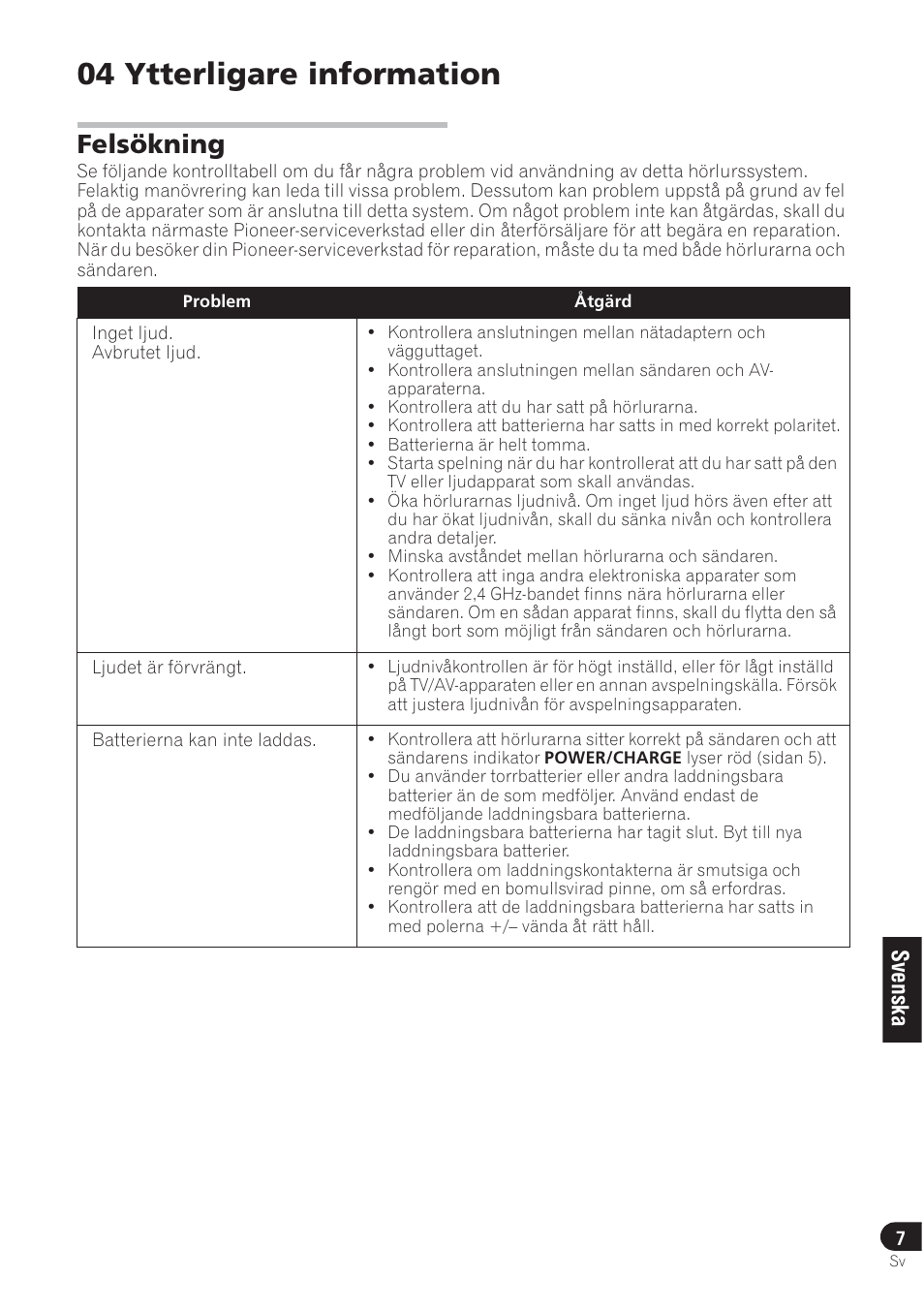 04 ytterligare information, Felsökning | Pioneer SE-DRF41M User Manual | Page 67 / 136