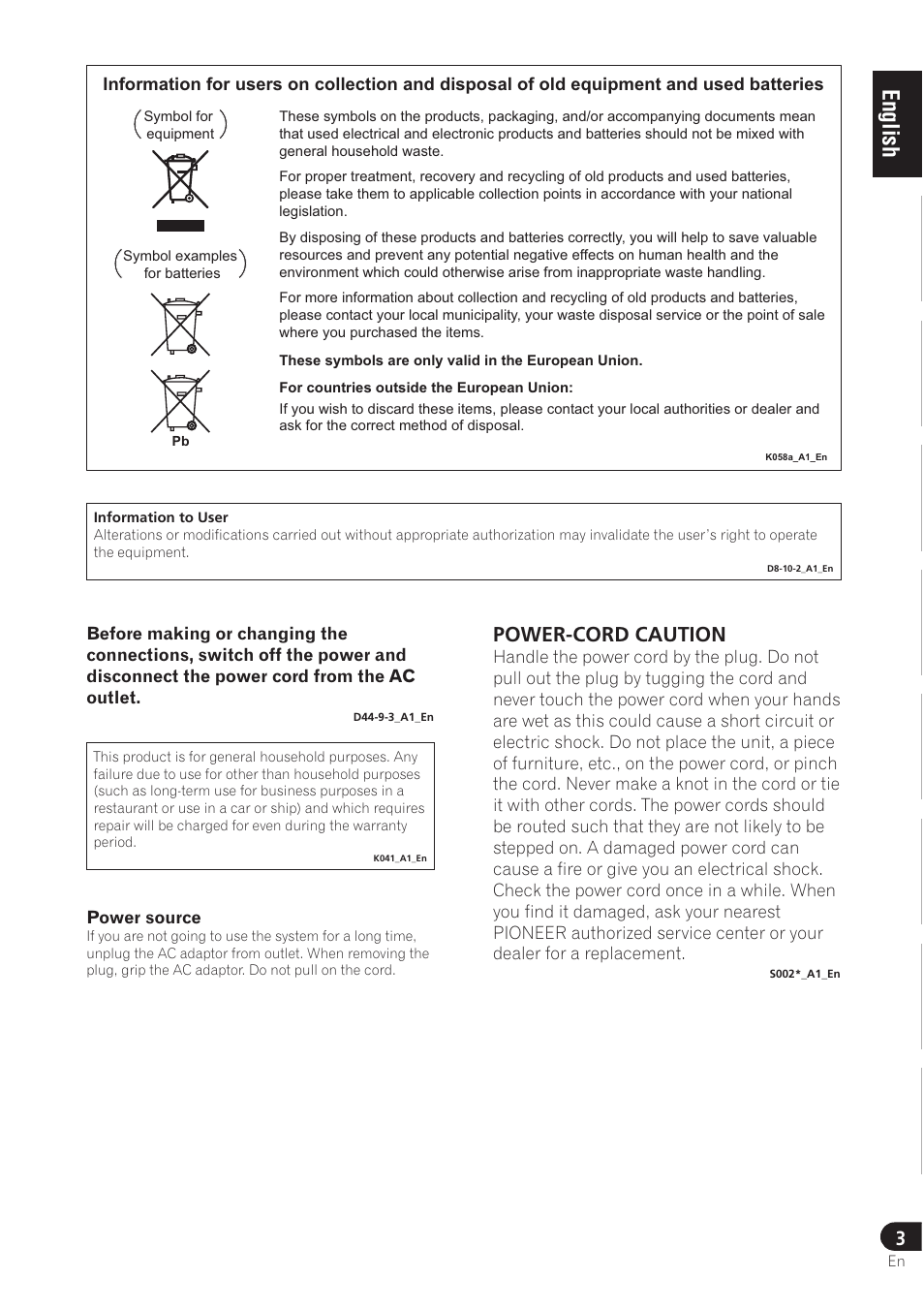 Power-cord caution | Pioneer SE-DRF41M User Manual | Page 7 / 136