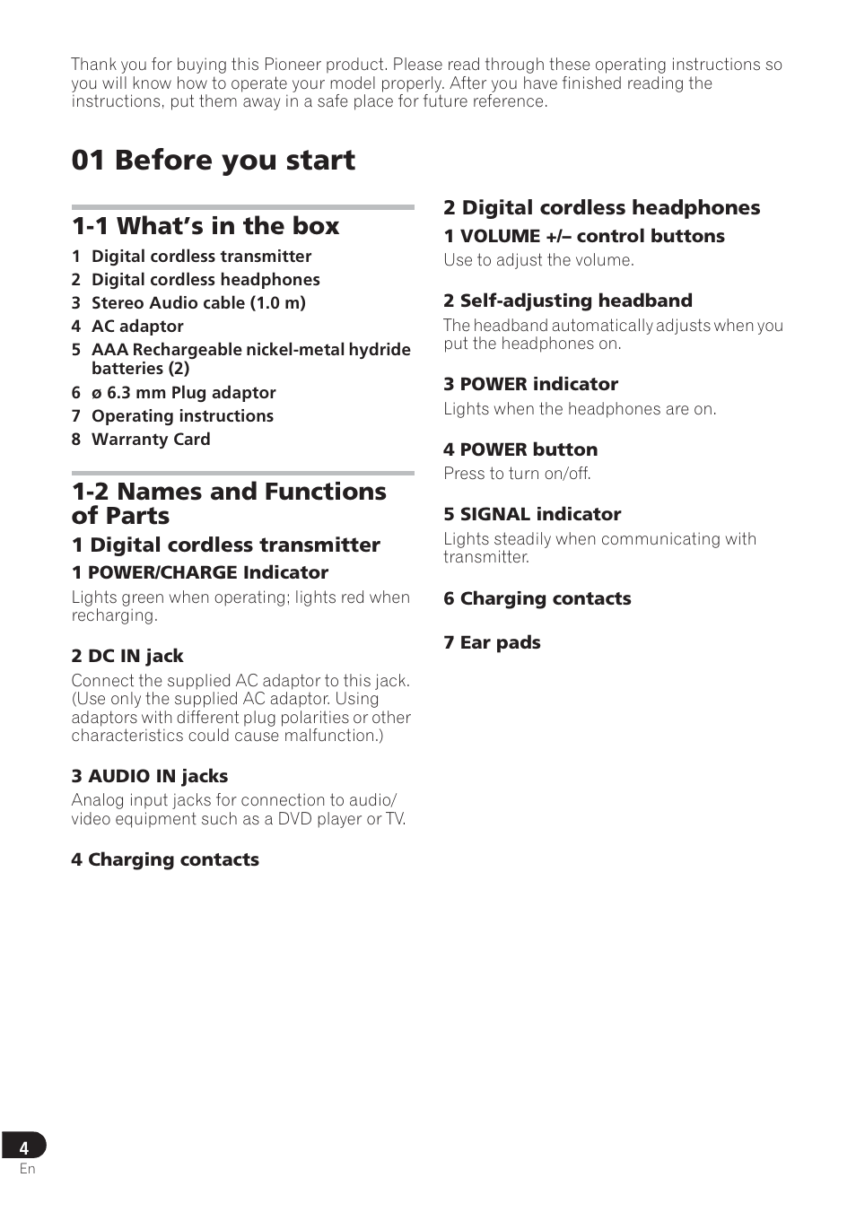 01 before you start, 1 what’s in the box, 2 names and functions of parts | Pioneer SE-DRF41M User Manual | Page 8 / 136