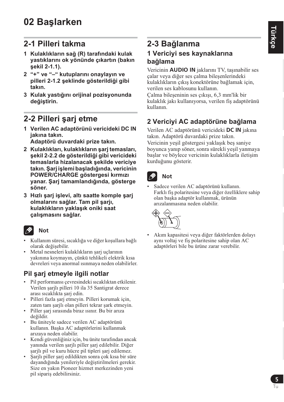 02 ba úlarken, 1 pilleri takma, 2 pilleri úarj etme | 3 ba ÷lanma, Türkçe norsk česky slovensky magyar pyccкий polska | Pioneer SE-DRF41M User Manual | Page 81 / 136