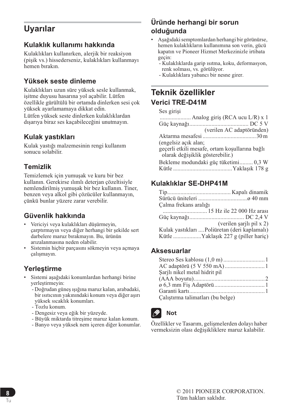 Uyarılar, Teknik özellikler | Pioneer SE-DRF41M User Manual | Page 84 / 136