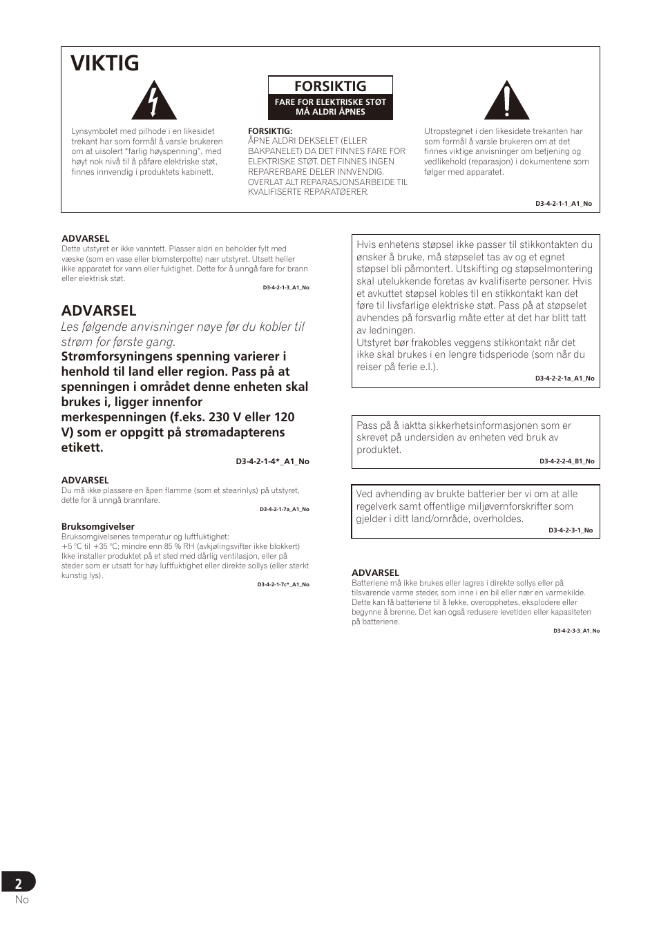 Viktig, Forsiktig, Advarsel | Pioneer SE-DRF41M User Manual | Page 86 / 136