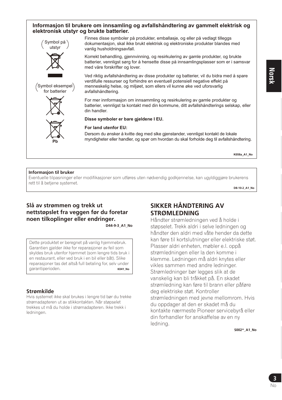 Sikker håndtering av strømledning | Pioneer SE-DRF41M User Manual | Page 87 / 136