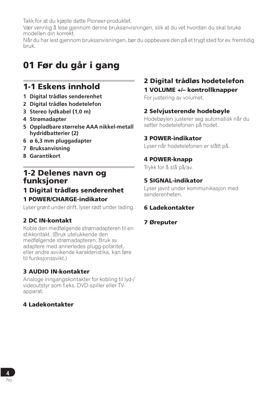 01 før du går i gang, 1 eskens innhold, 2 delenes navn og funksjoner | Pioneer SE-DRF41M User Manual | Page 88 / 136