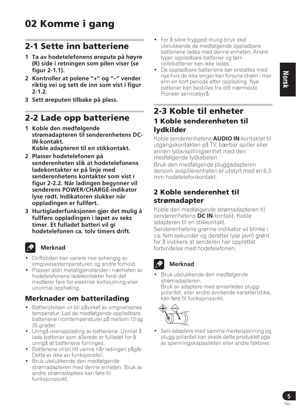 02 komme i gang, 1 sette inn batteriene, 2 lade opp batteriene | 3 koble til enheter | Pioneer SE-DRF41M User Manual | Page 89 / 136