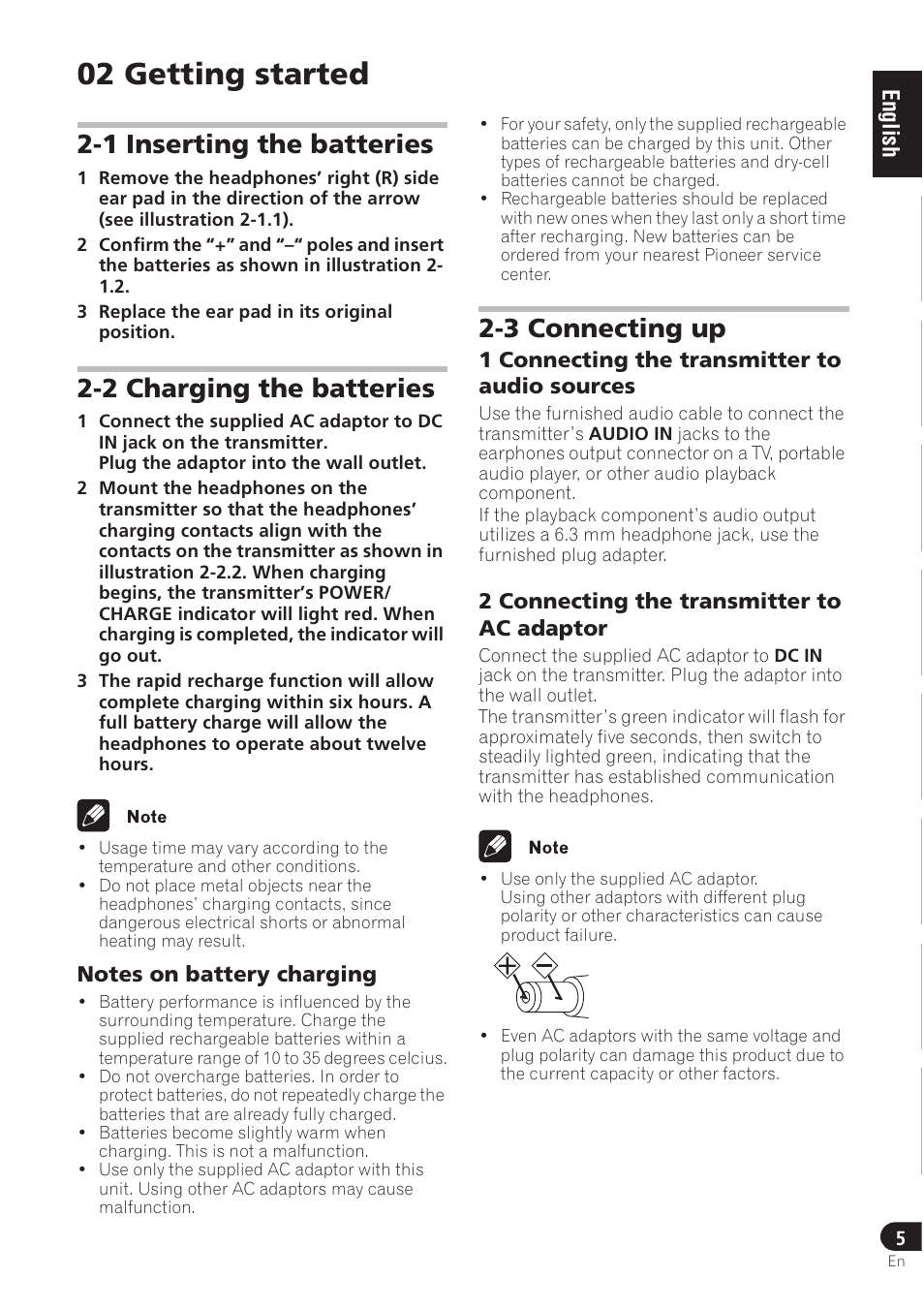 02 getting started, 1 inserting the batteries, 2 charging the batteries | 3 connecting up | Pioneer SE-DRF41M User Manual | Page 9 / 136