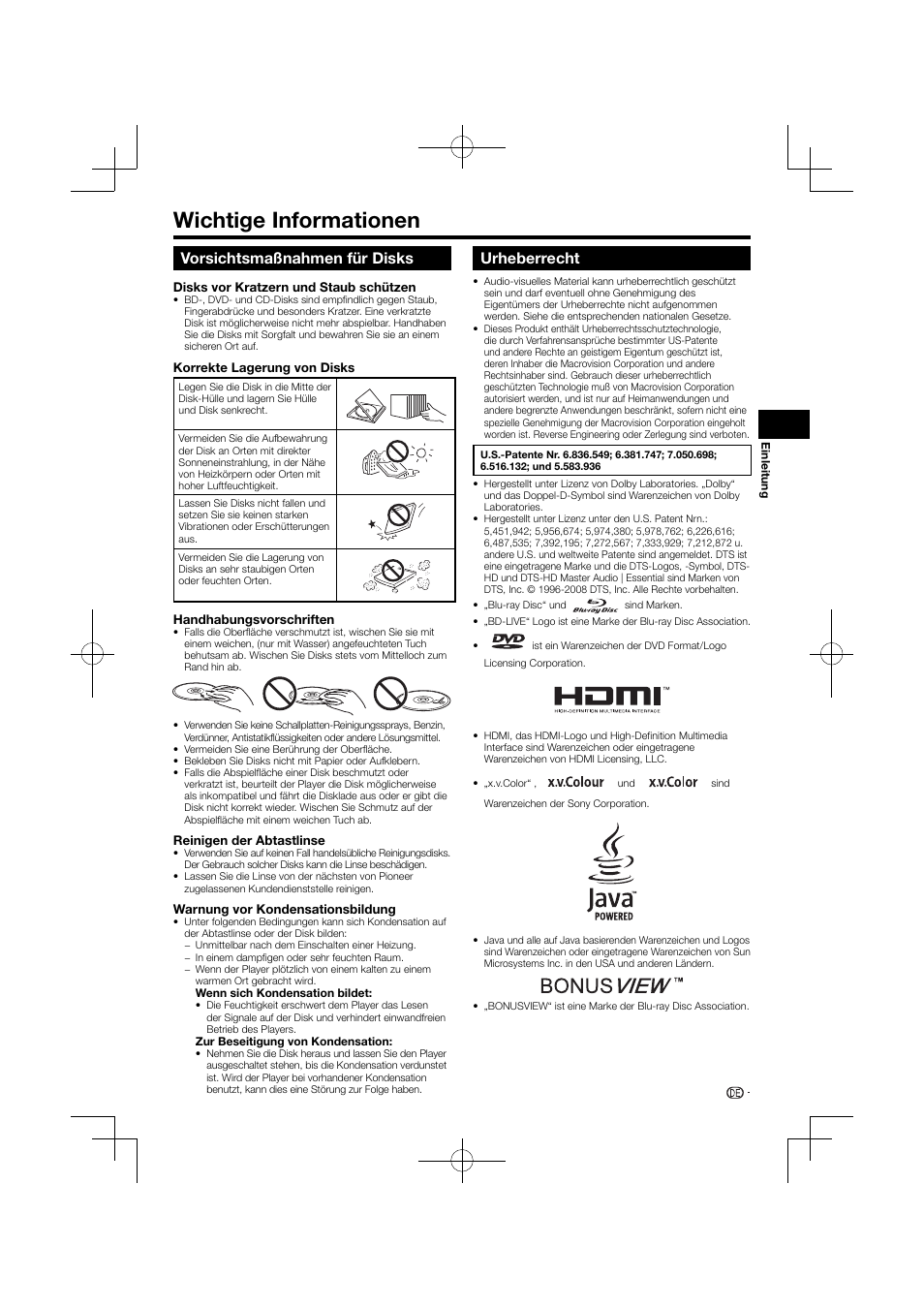 Wichtige informationen, Vorsichtsmaßnahmen für disks urheberrecht –10, Vorsichtsmaßnahmen für disks | Urheberrecht | Pioneer BDP-120 User Manual | Page 10 / 427