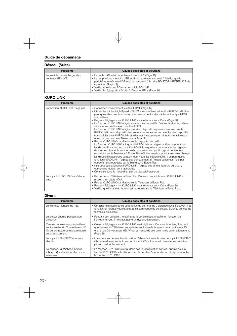 Guide de dépannage, Kuro link, Divers | Réseau (suite) | Pioneer BDP-120 User Manual | Page 101 / 427