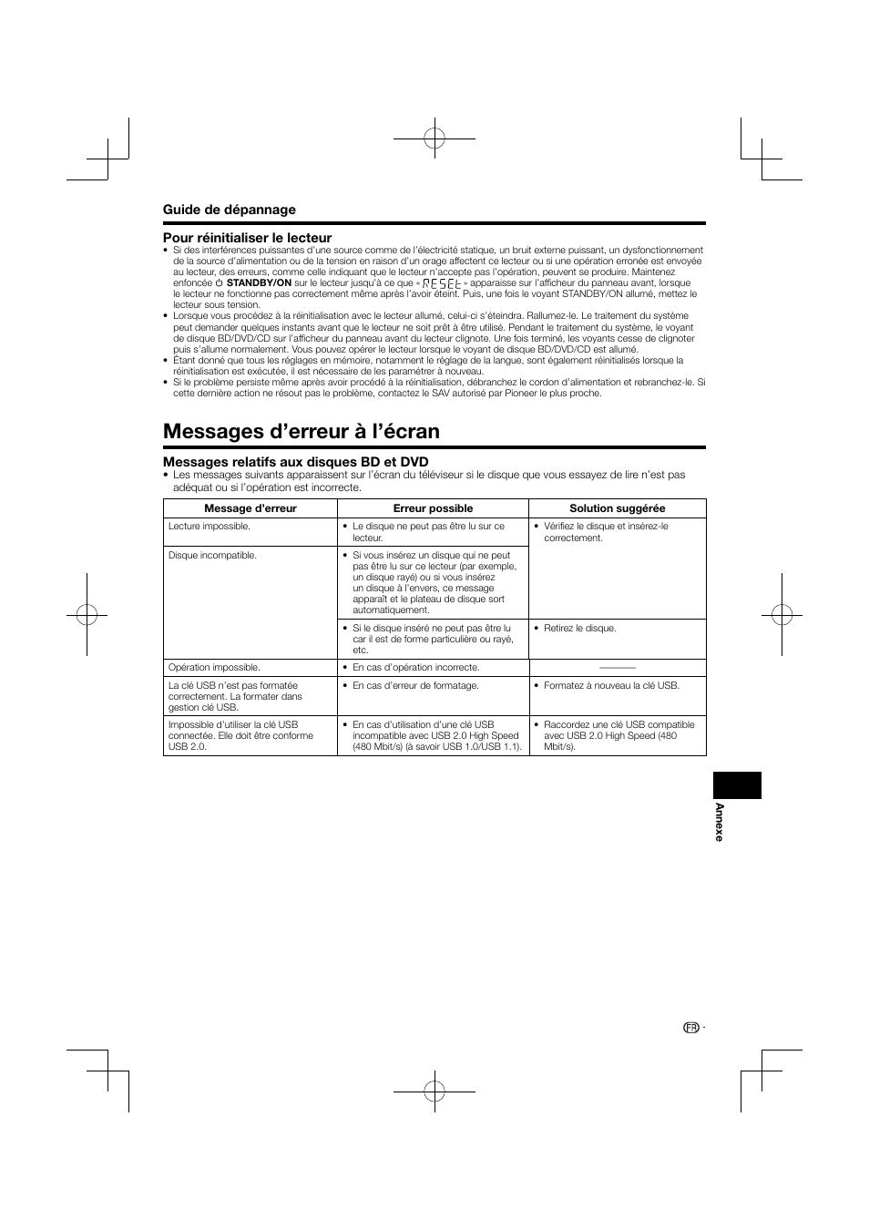 Pour réinitialiser le lecteur, Messages d’erreur à l’écran | Pioneer BDP-120 User Manual | Page 102 / 427