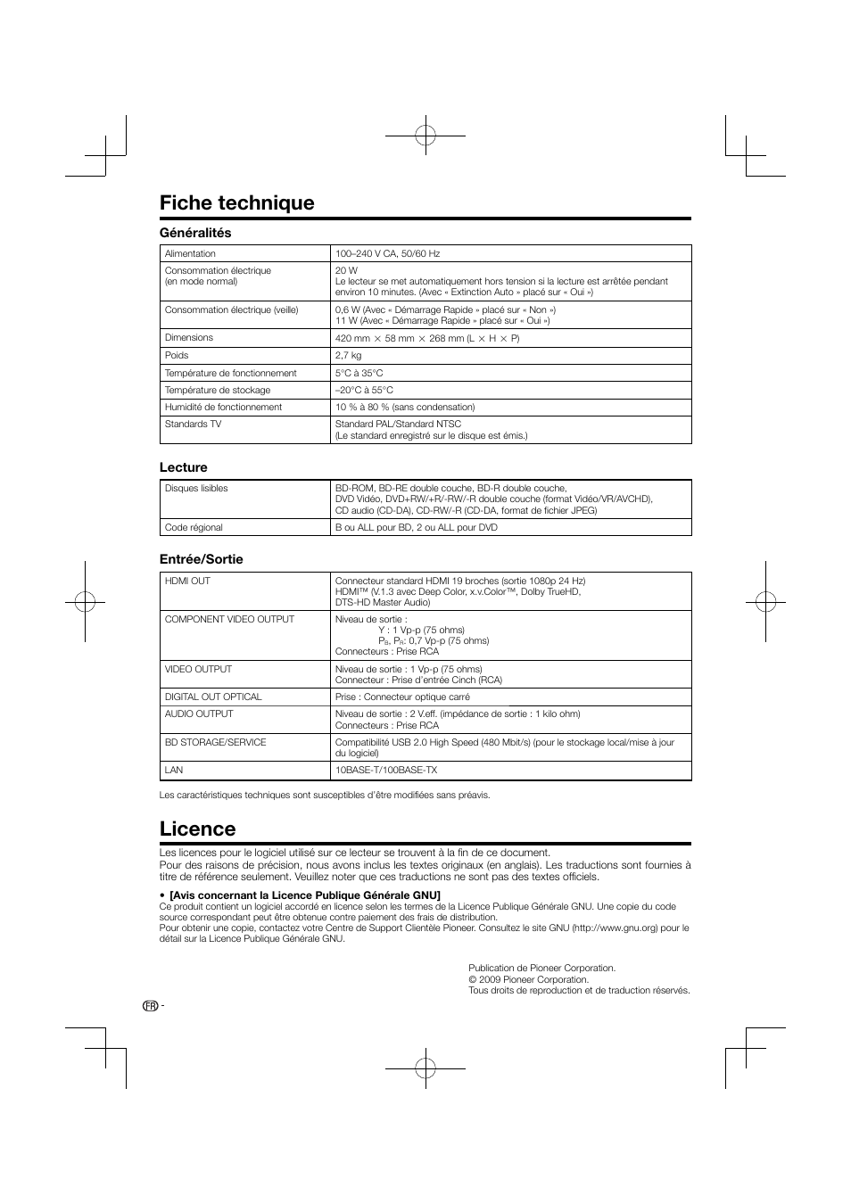 Fiche technique licence, Fiche technique, Licence | Généralités, Lecture, Entrée/sortie | Pioneer BDP-120 User Manual | Page 105 / 427