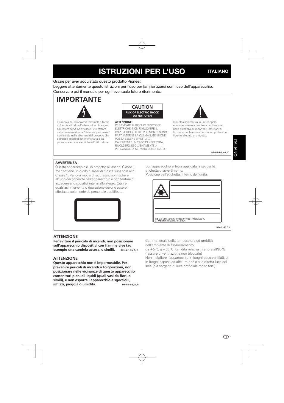 Istruzioni per l’uso, Importante, Prodotto laser di classe 1 | Caution | Pioneer BDP-120 User Manual | Page 106 / 427