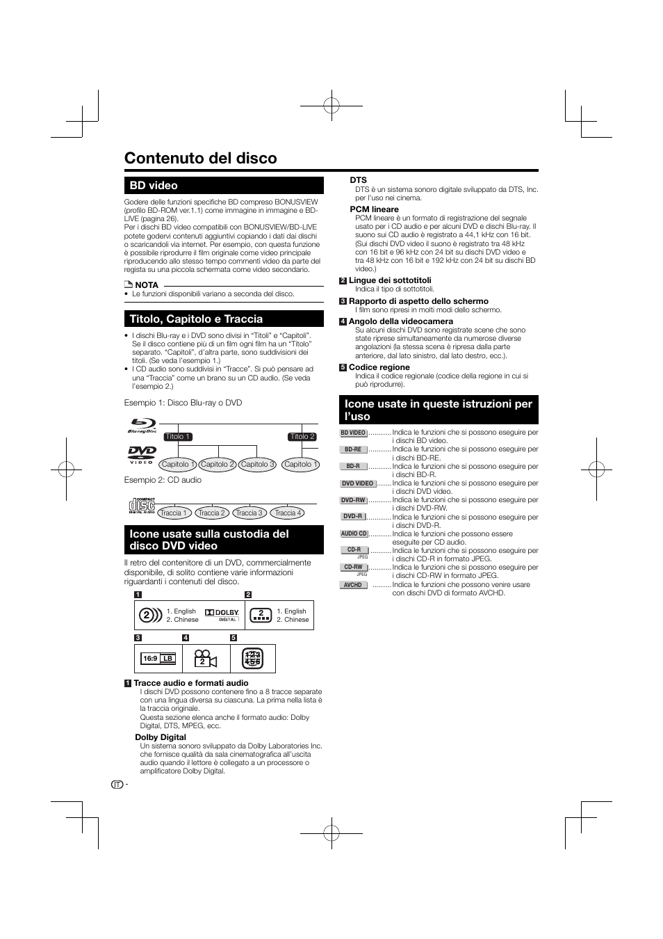 Contenuto del disco, Icone usate sulla custodia del disco dvd video, Icone usate in queste istruzioni per l’uso | Bd video, Titolo, capitolo e traccia | Pioneer BDP-120 User Manual | Page 113 / 427