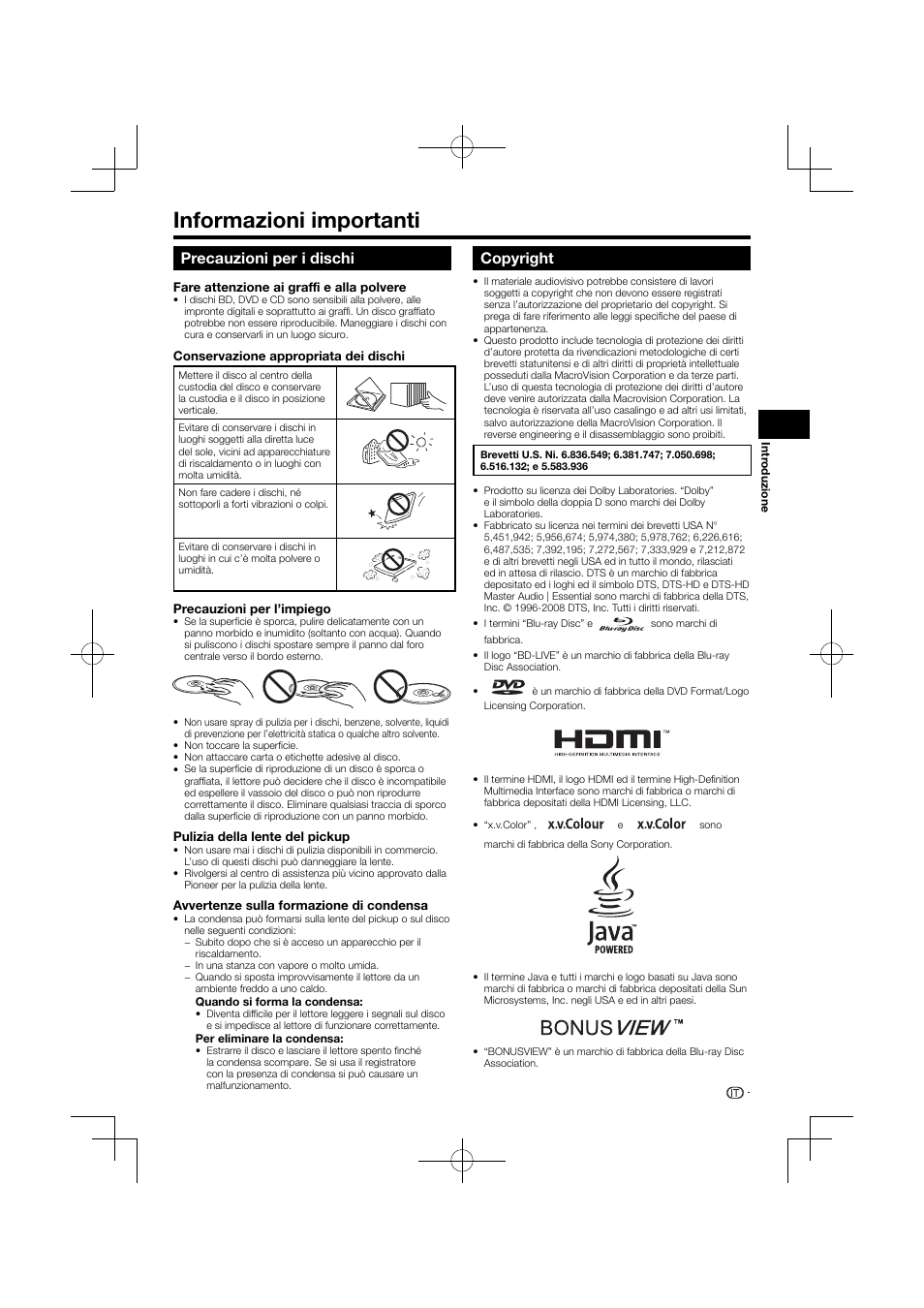 Informazioni importanti, Precauzioni per i dischi copyright, Precauzioni per i dischi | Copyright | Pioneer BDP-120 User Manual | Page 114 / 427
