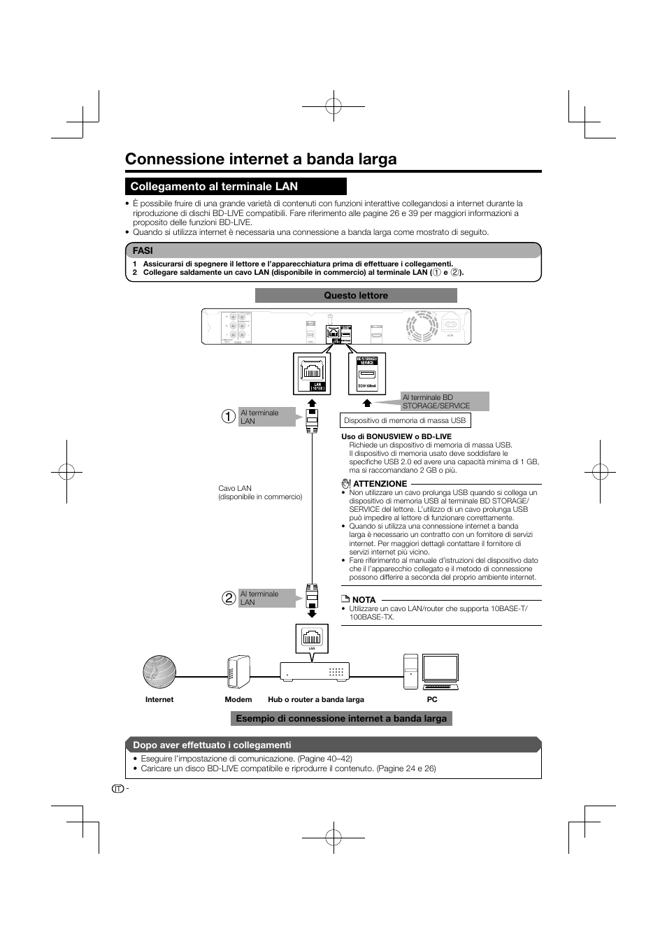Connessione internet a banda larga, Collegamento al terminale lan | Pioneer BDP-120 User Manual | Page 123 / 427