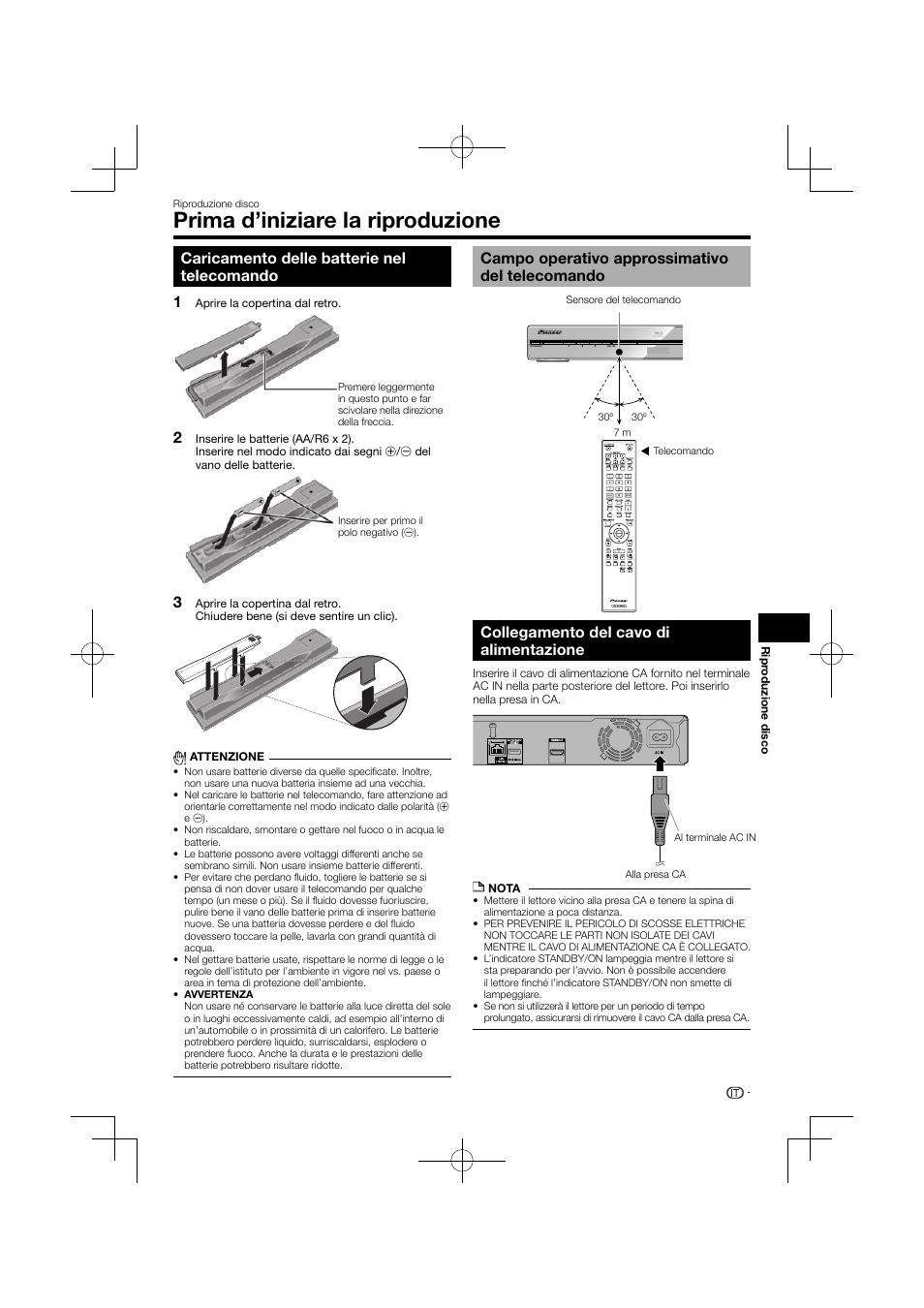 Prima d’iniziare la riproduzione, Caricamento delle batterie nel telecomando, Campo operativo approssimativo del telecomando | Collegamento del cavo di alimentazione, 12 3 collegamento del cavo di alimentazione | Pioneer BDP-120 User Manual | Page 124 / 427