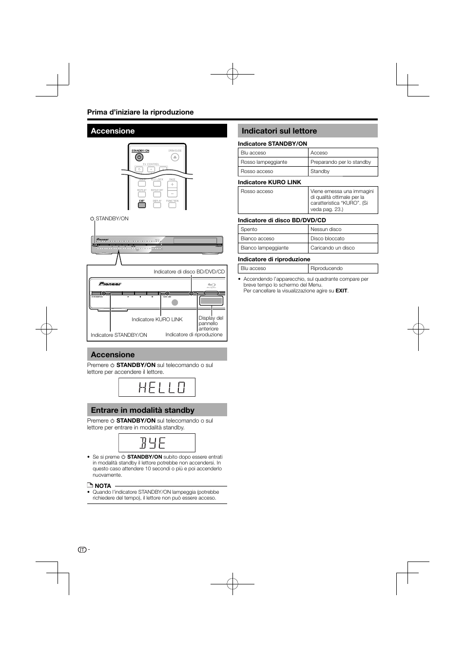 Accensione, Entrare in modalità standby, Indicatori sul lettore | Pioneer BDP-120 User Manual | Page 125 / 427