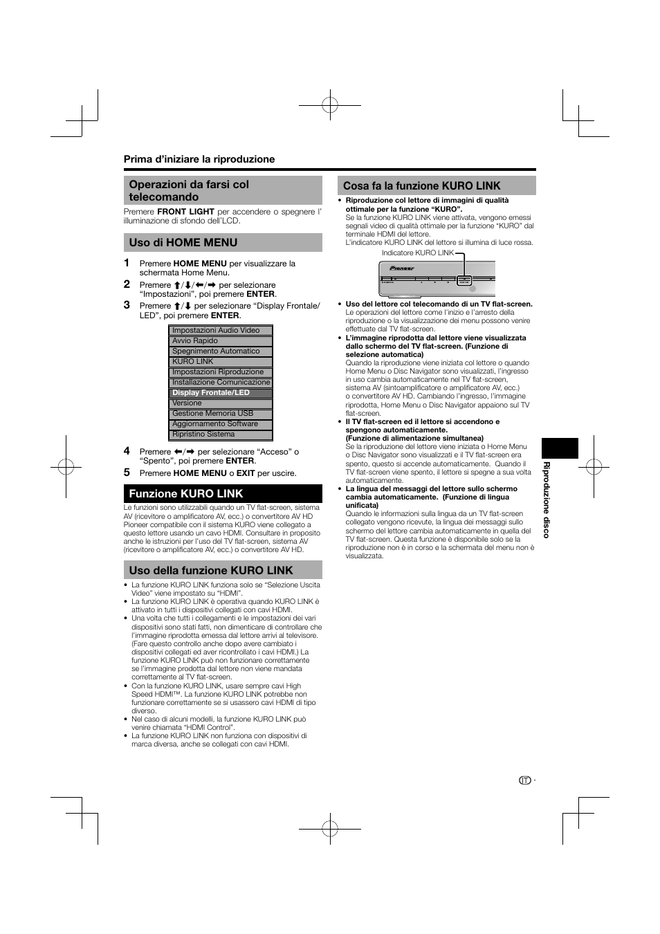 Funzione kuro link, Operazioni da farsi col telecomando, Uso di home menu | Uso della funzione kuro link, Cosa fa la funzione kuro link | Pioneer BDP-120 User Manual | Page 128 / 427