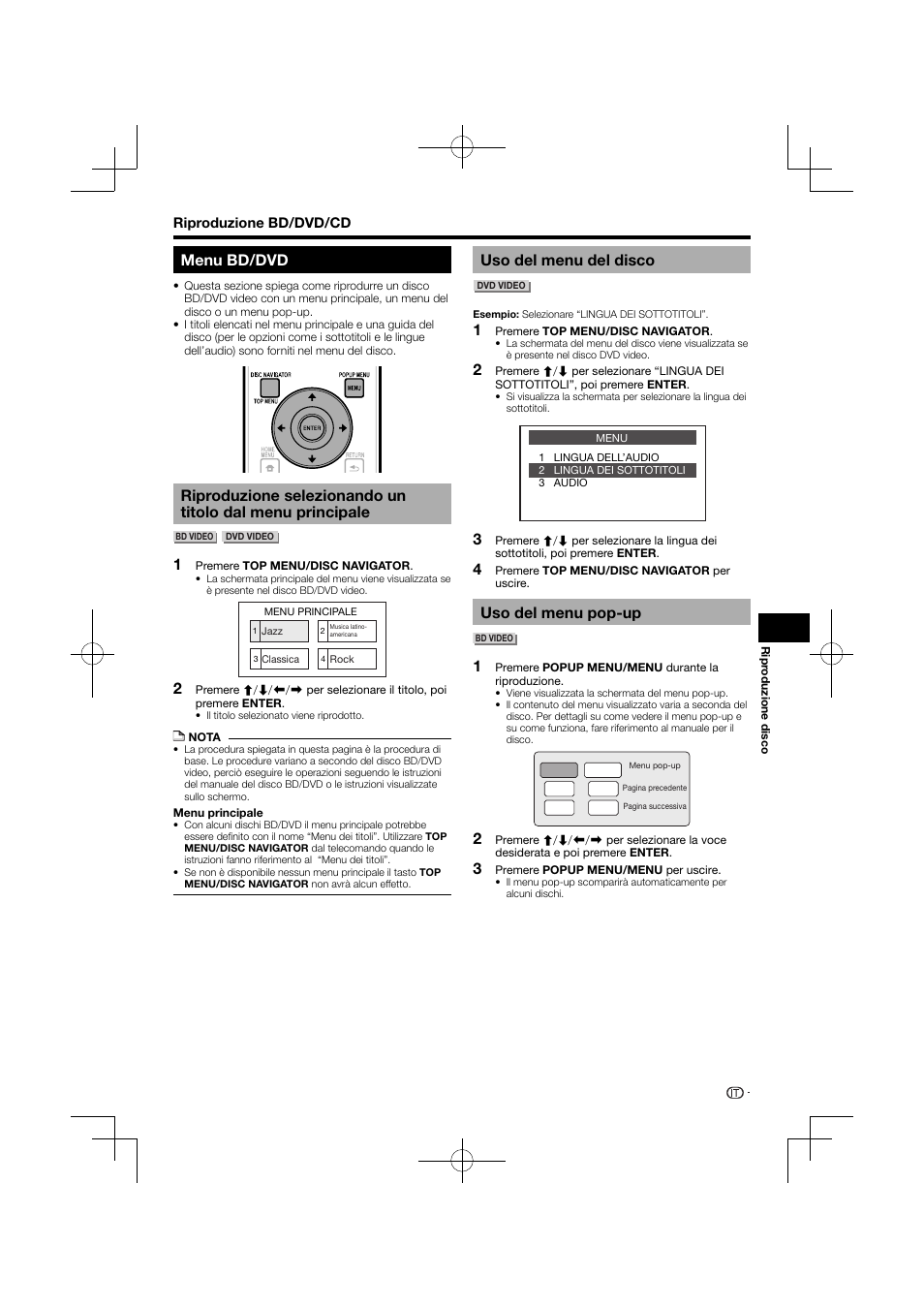 Menu bd/dvd, Riproduzione selezionando un titolo dal menu, Principale | Uso del menu del disco uso del menu pop-up, Uso del menu del disco, Uso del menu pop-up | Pioneer BDP-120 User Manual | Page 130 / 427