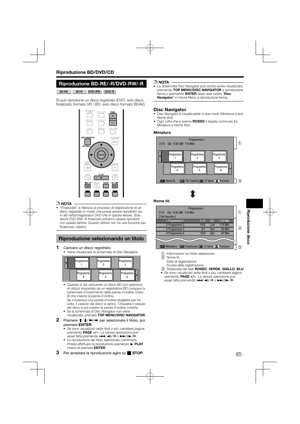 Riproduzione bd-re/-r/dvd-rw/-r, Riproduzione selezionando un titolo, Riproduzione bd/dvd/cd | Disc navigator | Pioneer BDP-120 User Manual | Page 132 / 427