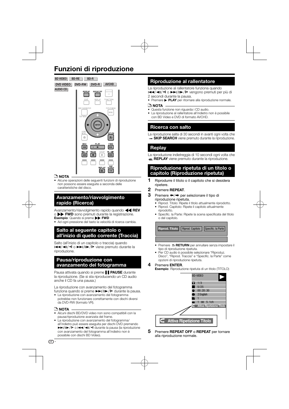 Funzioni di riproduzione, Traccia), Riproduzione ripetuta) | Avanzamento/riavvolgimento rapido (ricerca), Pausa/riproduzione con avanzamento del fotogramma, Riproduzione al rallentatore, Ricerca con salto, Replay | Pioneer BDP-120 User Manual | Page 135 / 427