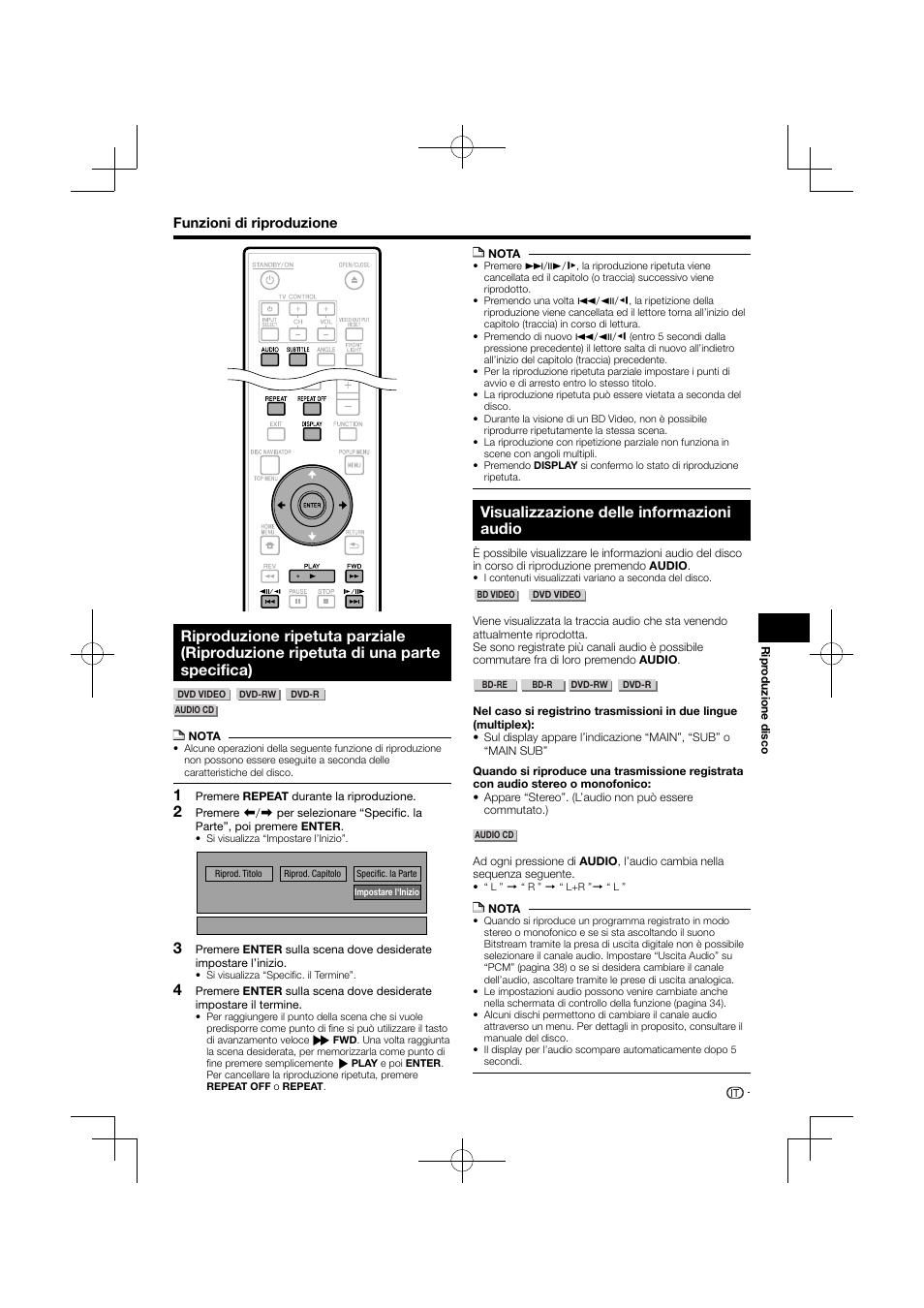 Riproduzione ripetuta parziale, Riproduzione ripetuta di una parte specifica), Visualizzazione delle informazioni audio | Pioneer BDP-120 User Manual | Page 136 / 427