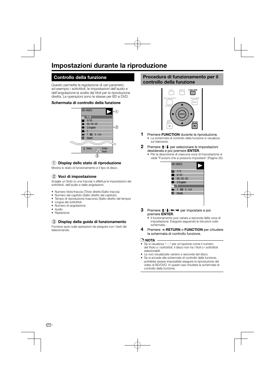 Impostazioni durante la riproduzione, Controllo della funzione, Procedura di funzionamento per il controllo della | Funzione | Pioneer BDP-120 User Manual | Page 139 / 427