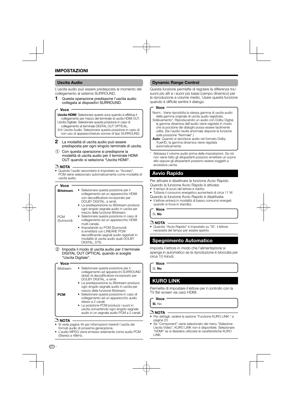 Avvio rapido, Spegnimento automatico, Kuro link | Pioneer BDP-120 User Manual | Page 143 / 427