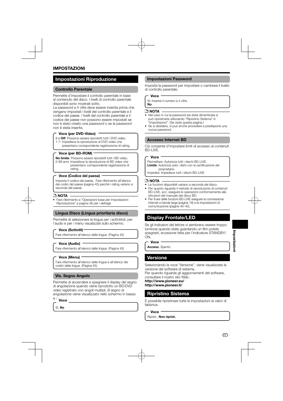 Display frontale/led, Versione, Ripristino sistema | Impostazioni riproduzione | Pioneer BDP-120 User Manual | Page 144 / 427