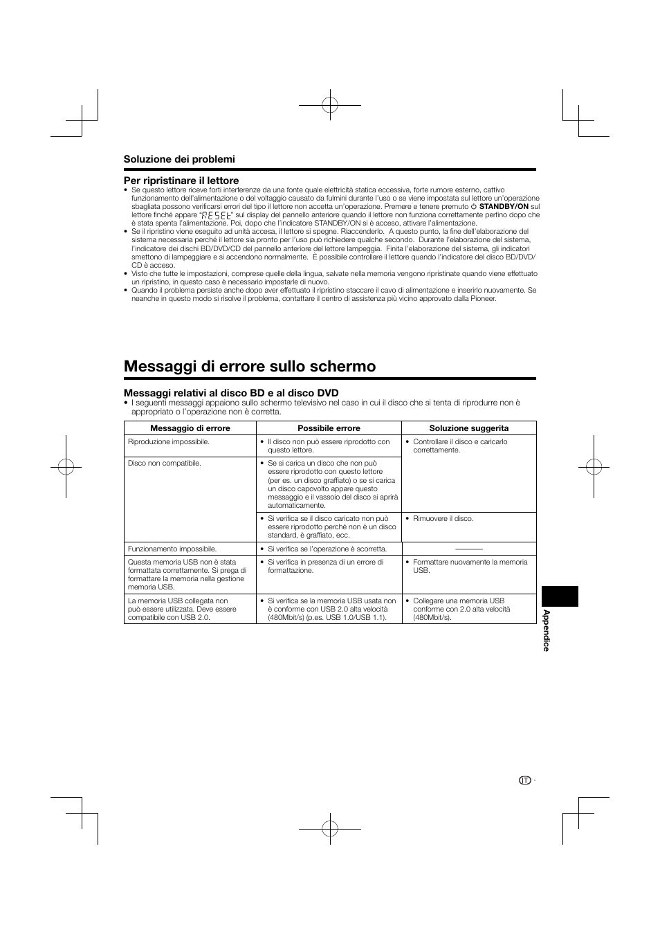 Per ripristinare il lettore, Messaggi di errore sullo schermo | Pioneer BDP-120 User Manual | Page 154 / 427