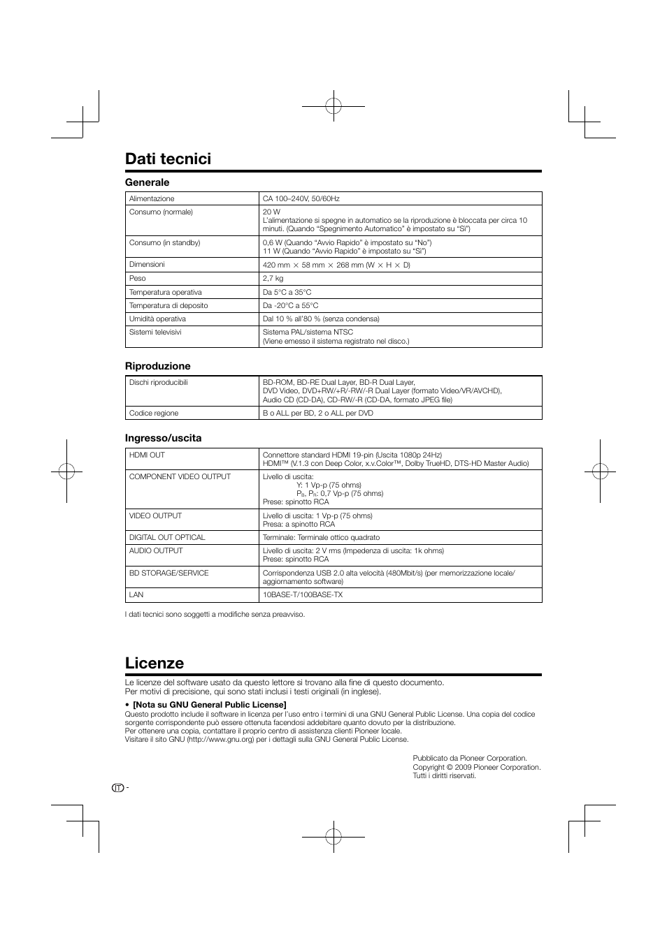 Dati tecnici licenze, Dati tecnici, Licenze | Generale, Riproduzione, Ingresso/uscita | Pioneer BDP-120 User Manual | Page 157 / 427