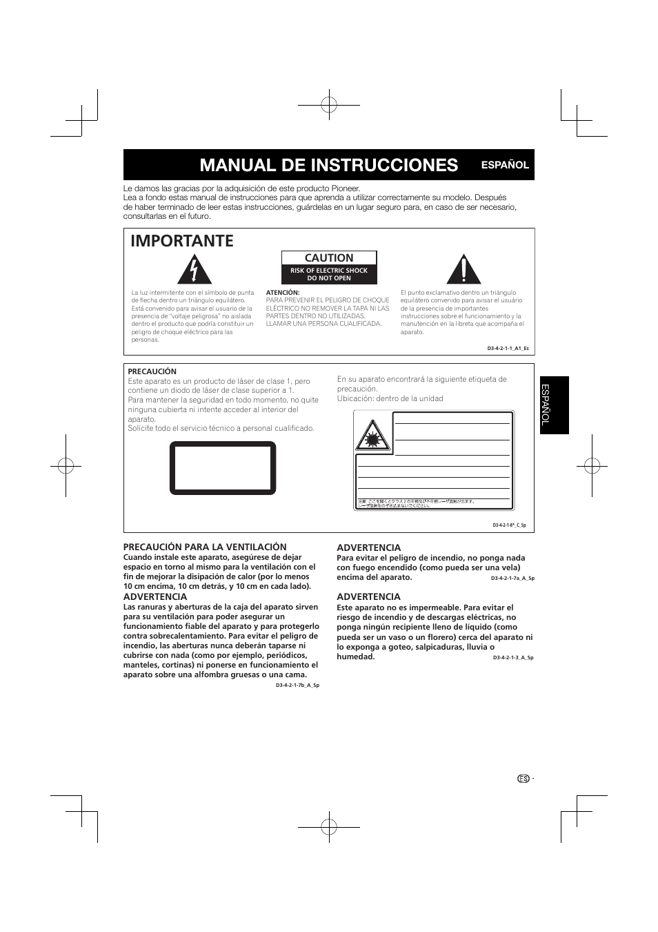 Manual de instrucciones, Importante, Producto laser clase 1 | Caution | Pioneer BDP-120 User Manual | Page 158 / 427