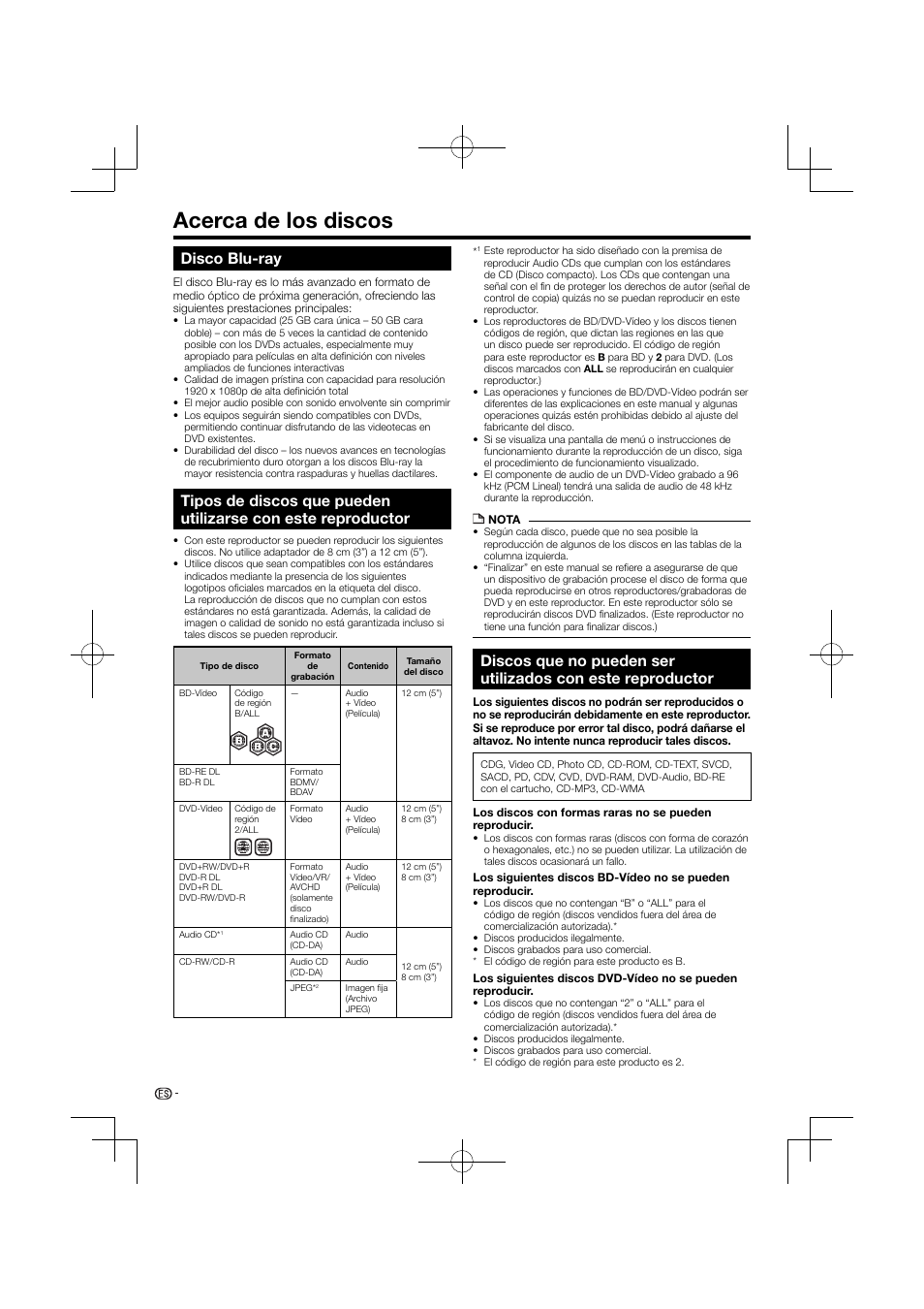 Acerca de los discos, Disco blu-ray | Pioneer BDP-120 User Manual | Page 163 / 427