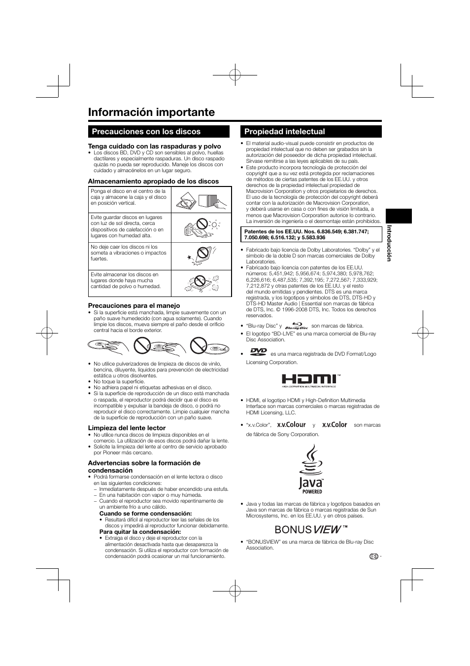 Información importante, Precauciones con los discos, Propiedad intelectual | Pioneer BDP-120 User Manual | Page 166 / 427