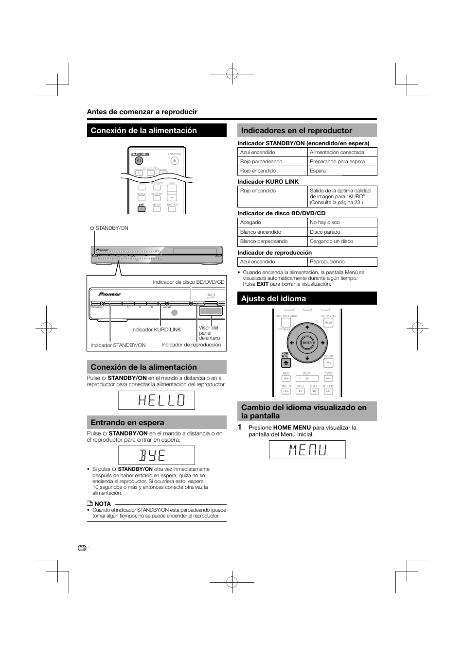 Conexión de la alimentación, Ajuste del idioma, Cambio del idioma visualizado en la pantalla | Entrando en espera, Indicadores en el reproductor | Pioneer BDP-120 User Manual | Page 177 / 427