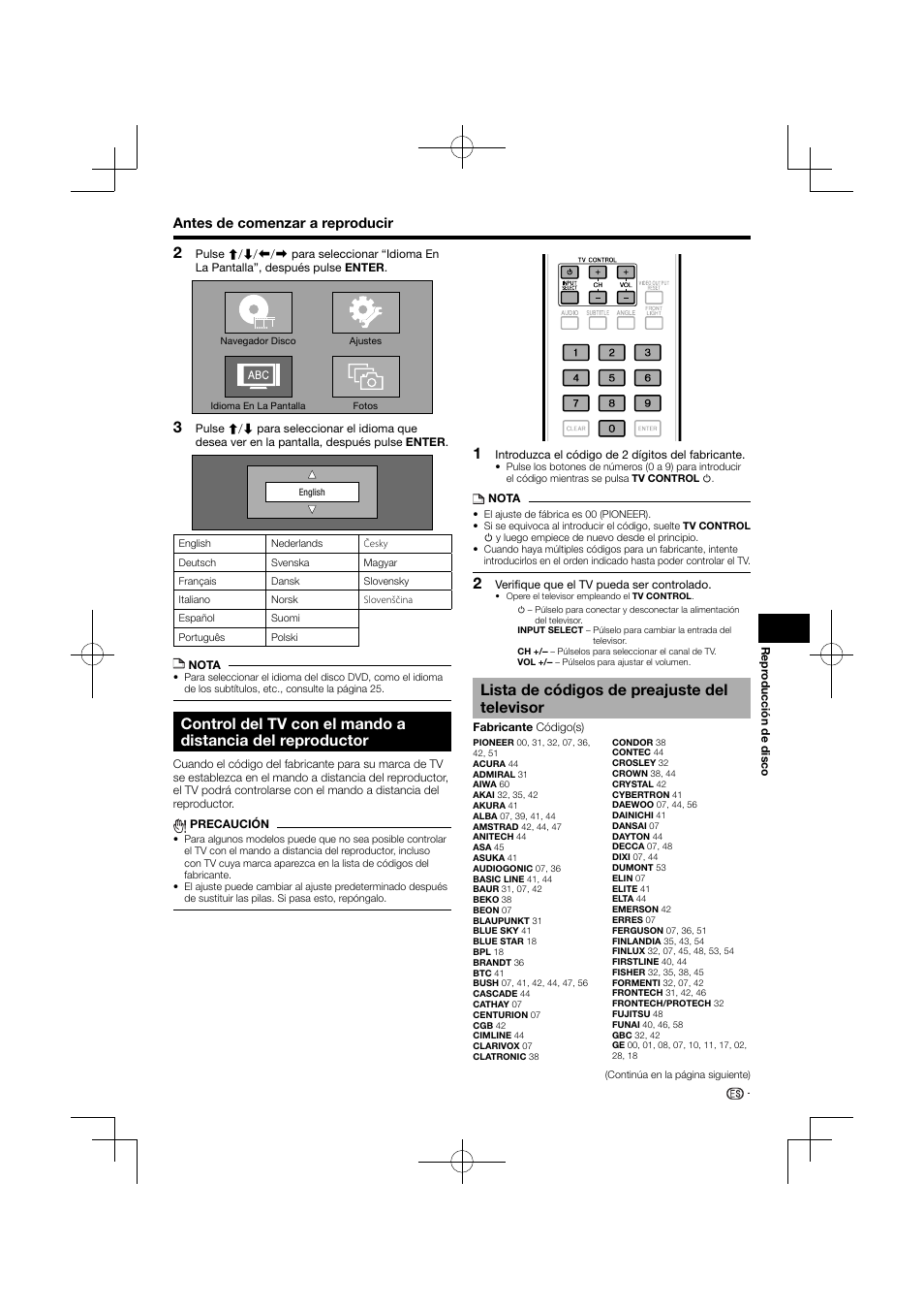 Control del tv con el mando a distancia del, Reproductor, Lista de códigos de preajuste del televisor -22 | Lista de códigos de preajuste del televisor | Pioneer BDP-120 User Manual | Page 178 / 427