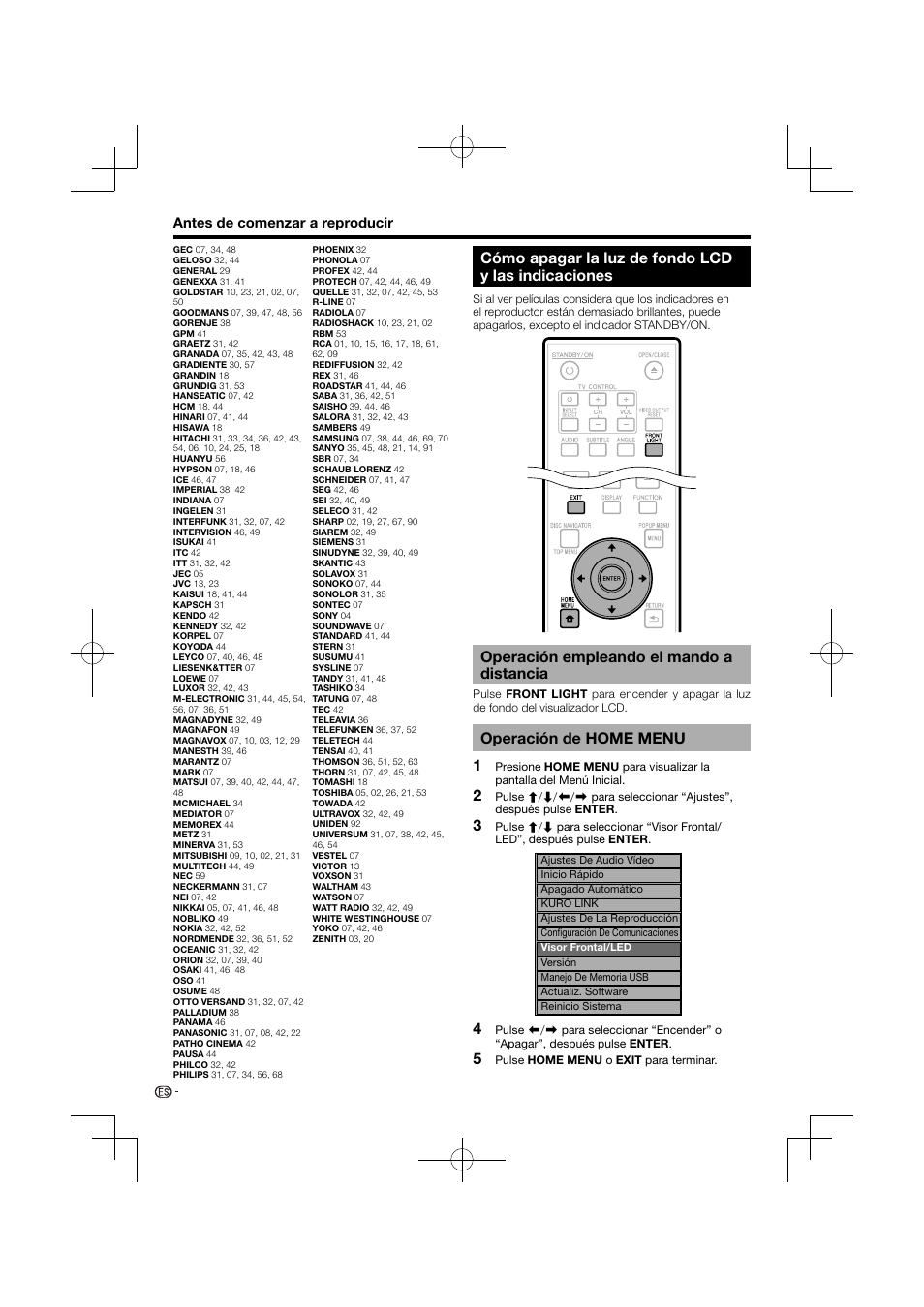 Cómo apagar la luz de fondo lcd y las indicaciones, Operación empleando el mando a distancia, Operación de home menu | Pioneer BDP-120 User Manual | Page 179 / 427