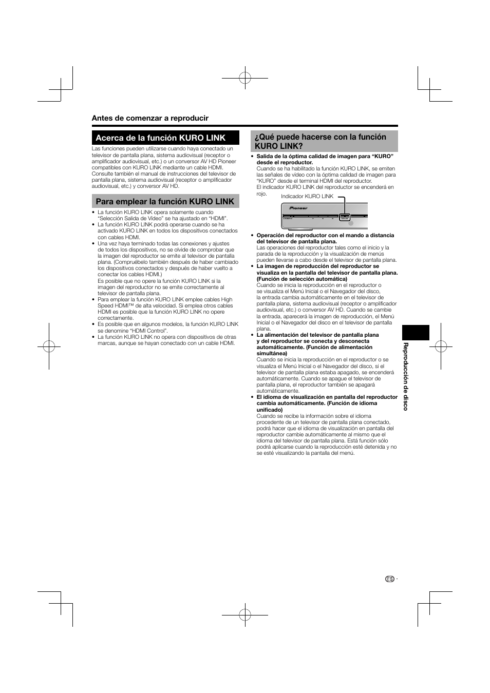 Acerca de la función kuro link, Para emplear la función kuro link, Qué puede hacerse con la función kuro link | Pioneer BDP-120 User Manual | Page 180 / 427