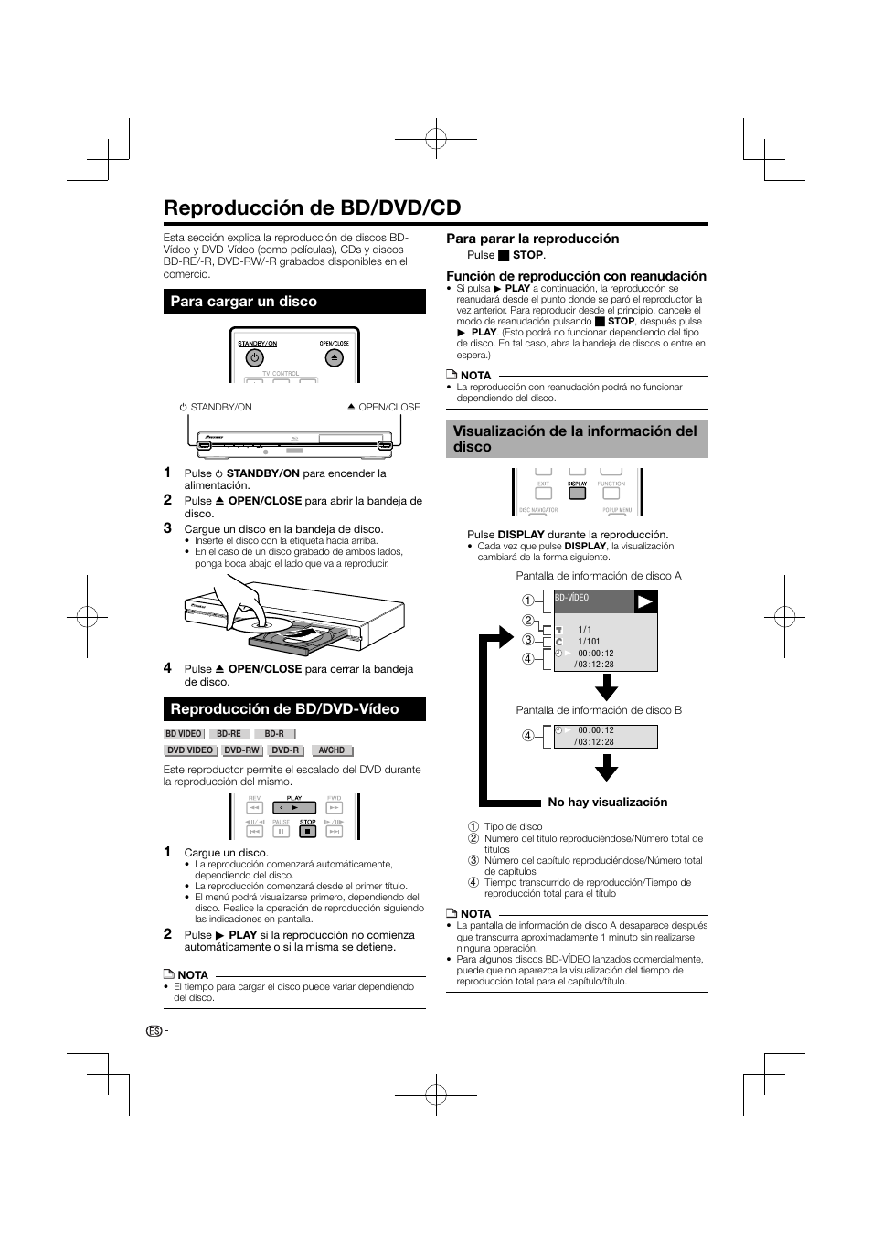 Reproducción de bd/dvd/cd, Para cargar un disco reproducción de bd/dvd-vídeo, Visualización de la información del disco | Para cargar un disco, Reproducción de bd/dvd-vídeo | Pioneer BDP-120 User Manual | Page 181 / 427