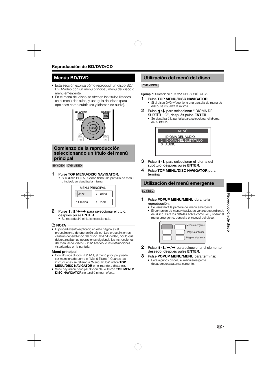 Menús bd/dvd, Del menú principal, Utilización del menú del disco | Utilización del menú emergente | Pioneer BDP-120 User Manual | Page 182 / 427