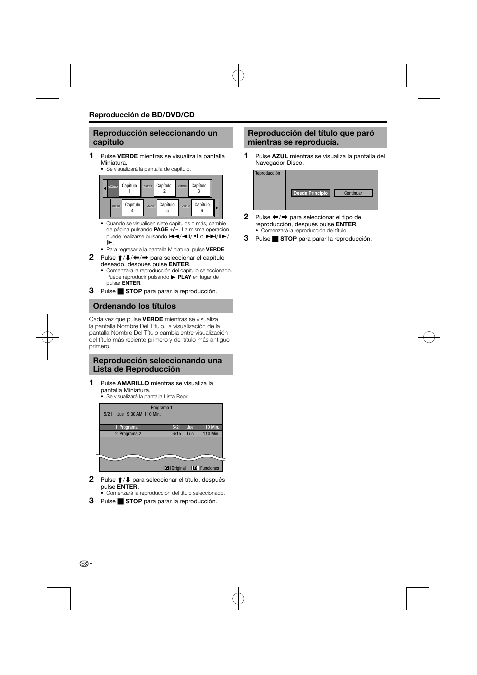 Reproducción, Reproducción del título que paró mientras se, Reproducía | 3reproducción seleccionando un capítulo, Ordenando los títulos | Pioneer BDP-120 User Manual | Page 185 / 427
