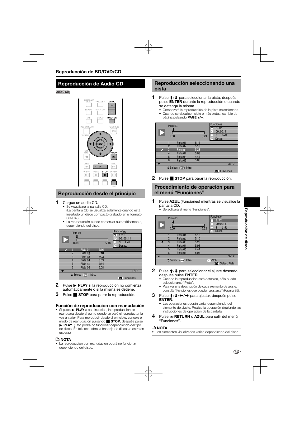 Reproducción de audio cd, Reproducción desde el principio, Reproducción seleccionando una pista | Procedimiento de operación para el menú “funciones | Pioneer BDP-120 User Manual | Page 186 / 427